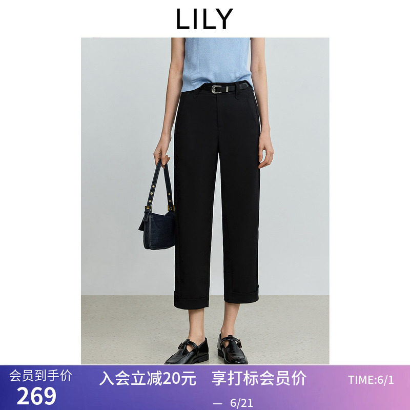 LILY2026夏新款女装简约窄版垂感八分烟管裤休闲通勤小黑裤直筒裤