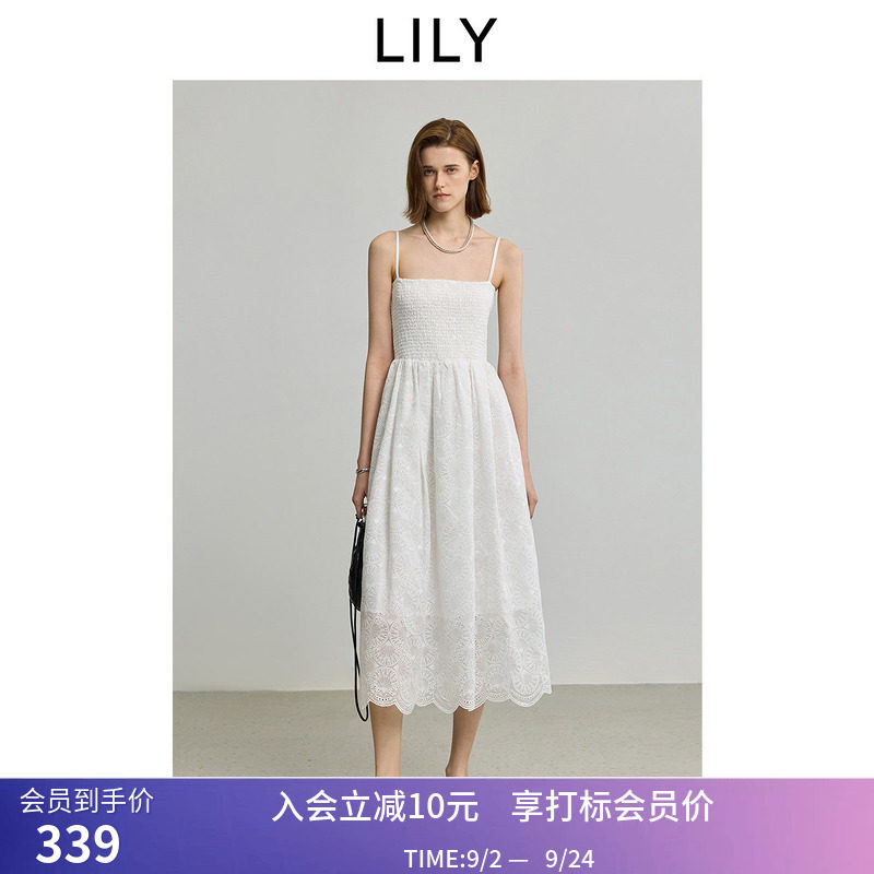 【商场同款】LILY夏新款女装莱赛尔混纺法式绣花吊带裙连衣裙