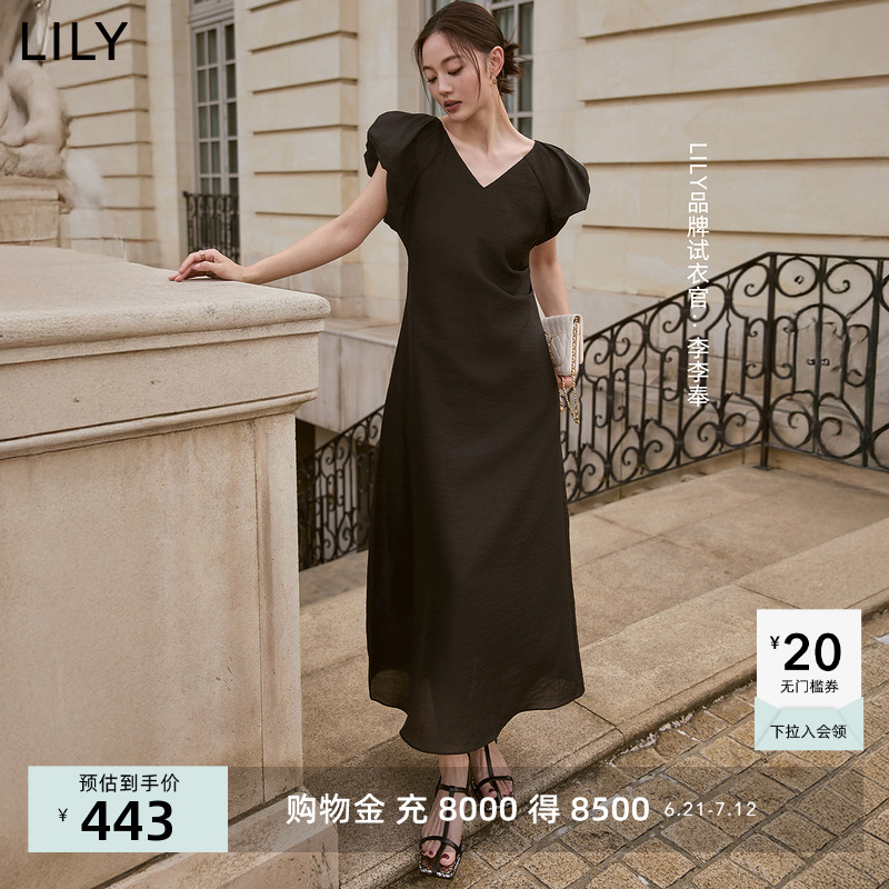 LILY2025夏新款女装复古简约V领小飞袖收腰休闲小黑裙连衣裙长裙
