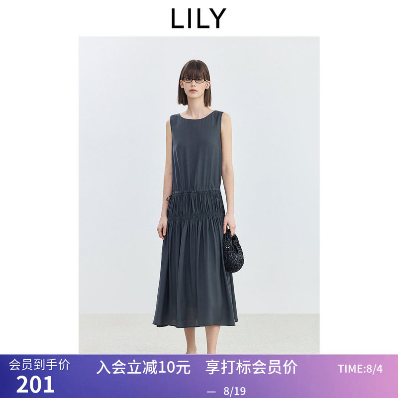 【商场同款】LILY新款女装格雷系休闲褶皱收腰圆领无袖背心连衣裙