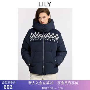 LILY2025冬新款女装针织拼接费尔岛立领连帽90鸭绒通勤羽绒服外套