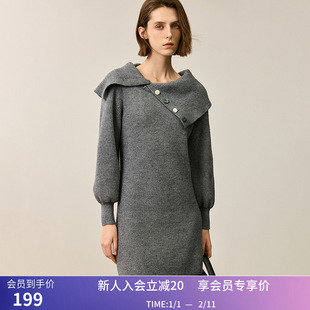 LILY冬新款女装格雷系设计感不对称大翻领直筒针织连衣裙女款