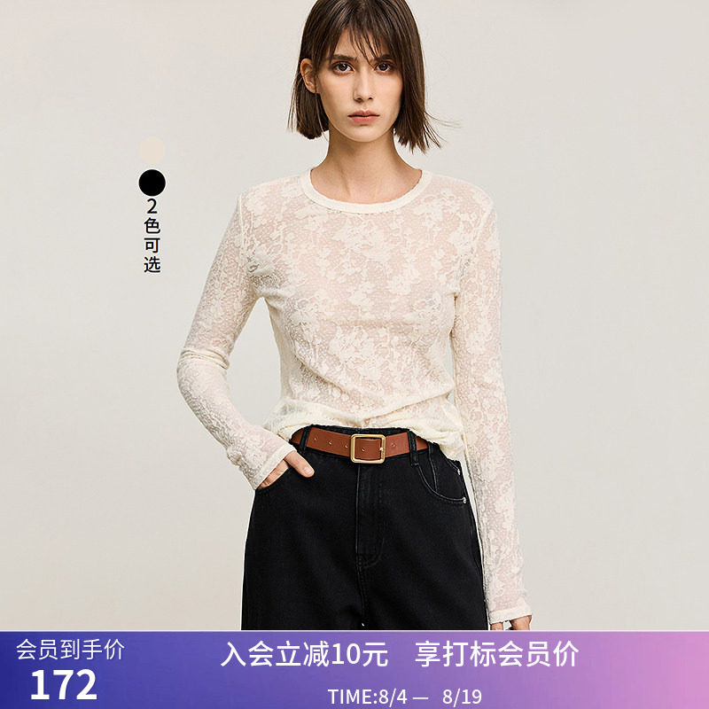 【商场同款】LILY冬新款女装绵羊毛混纺蕾丝提花T恤打底衫女