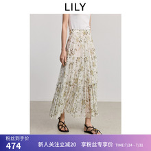 【商场同款】LILY2025夏新款女装波西米亚风碎花休闲百褶裙半身裙