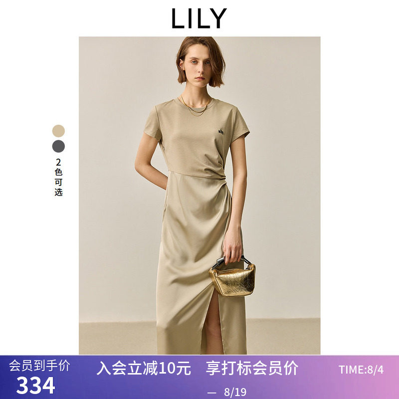 【商场同款】LILY夏新款女装时尚设计感拼接通勤款收腰连衣裙