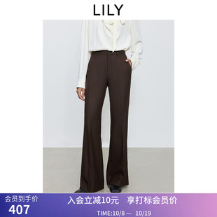 LILY秋新款绵羊毛复古老钱风修身通勤咖啡色微喇裤西裤女裤子
