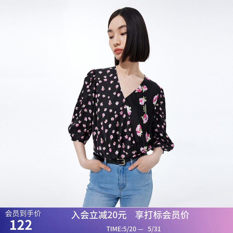 LILY夏新款女装垂坠人丝复古别致印花气质V领洋气雪纺衬衫女