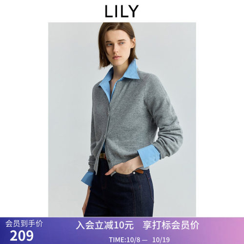 【100%绵羊毛】商场同款LILY秋新款格雷系V领针织开衫外套女