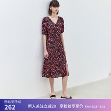 【商场同款】LILY夏新款复古V领泡泡袖舒适垂感自然连衣裙