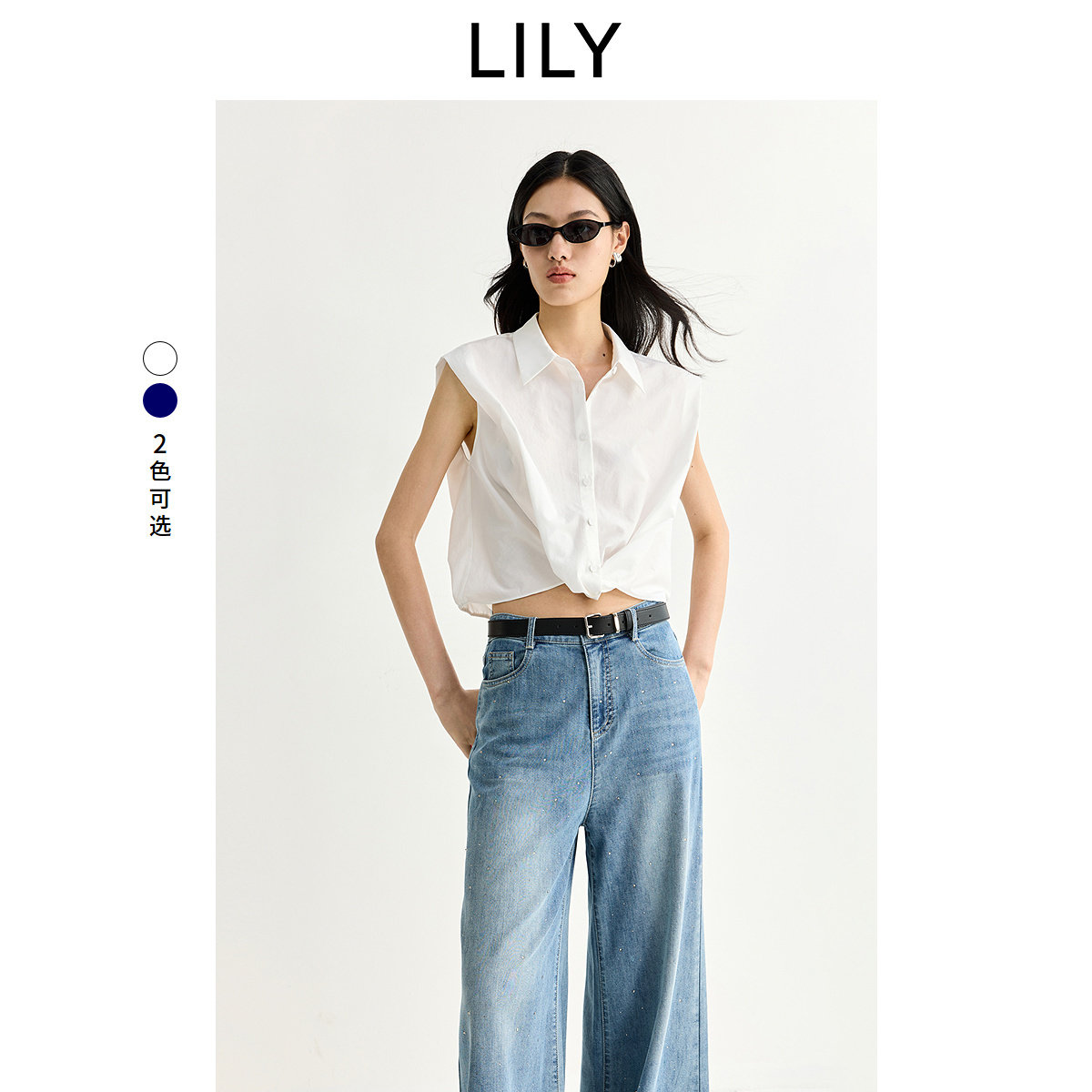 LILY2026夏新款简约翻领宽松休闲通勤纯色无袖坎肩雪纺衫女套头衫
