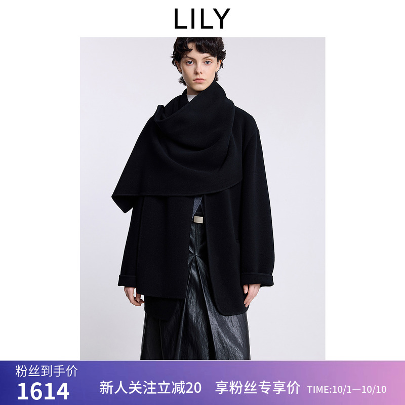 【100%羊毛】商场同款LILY2025冬新款女装含围巾气质通勤毛呢外套