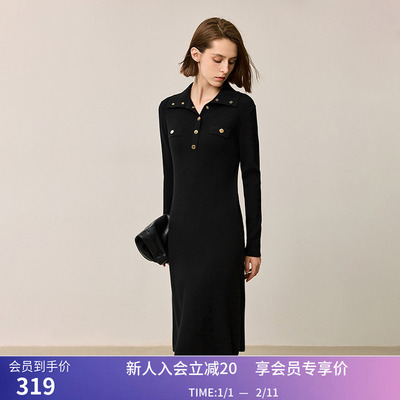 LILY冬新款女装绵羊毛混纺优雅小香风气质百搭连衣裙小黑裙女