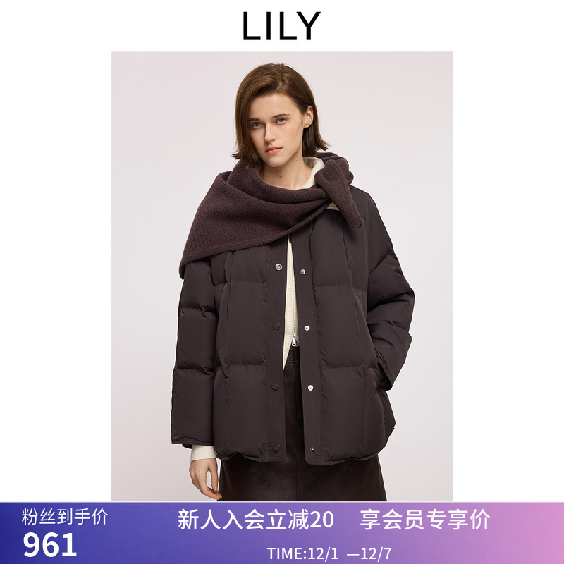 LILY2025冬新款女装含桑蚕丝复古含围巾圆领宽松90鸭绒羽绒服外套