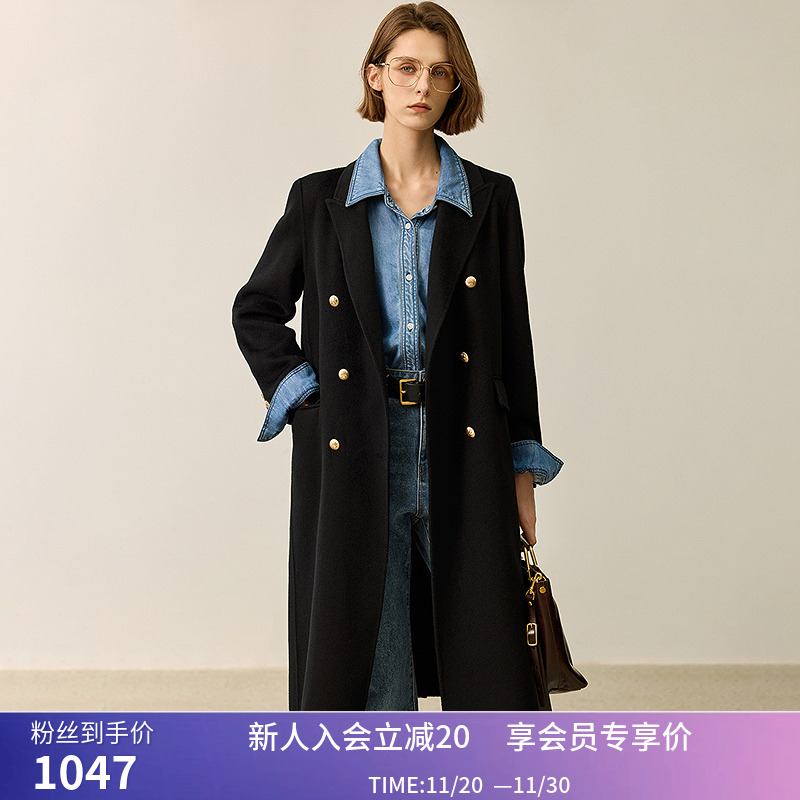 LILY冬新款女装绵羊毛经典黑色百搭通勤双排扣毛呢大衣女长款