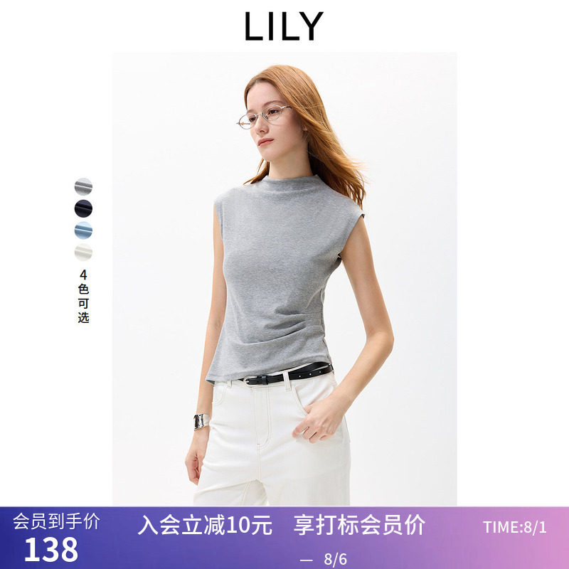LILY2026秋新款含莱赛尔简约半高领不对称收腰修身无袖T恤女短款