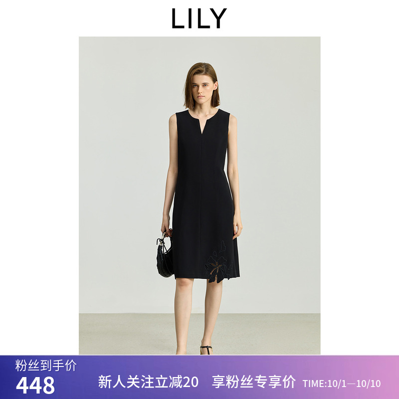 小黑裙LILY2025秋新款女装醋酸混纺无袖钩花收腰A字裙背心连衣裙