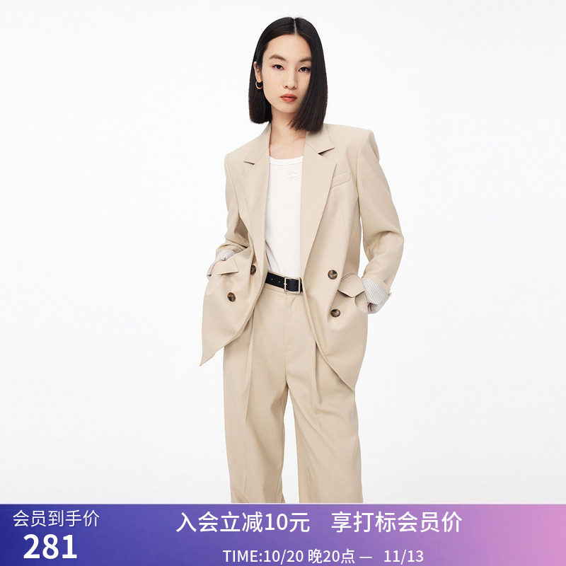 【专柜甄选】LILY秋新款女装绵羊毛双排扣通勤款卡其西装外套