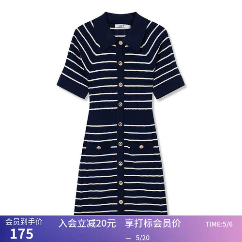 【商场同款】LILY夏新款女装复古条纹别致翻领显瘦针织连衣裙