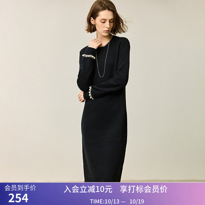 LILY冬新款女装绵羊毛混纺极简优雅收腰圆领针织连衣裙小黑裙