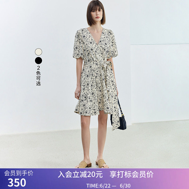 【专柜甄选】LILY夏新款女装设计感复古泡泡袖中长款连衣裙女