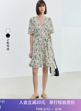 【专柜甄选】LILY夏新款女装设计感复古泡泡袖中长款连衣裙女
