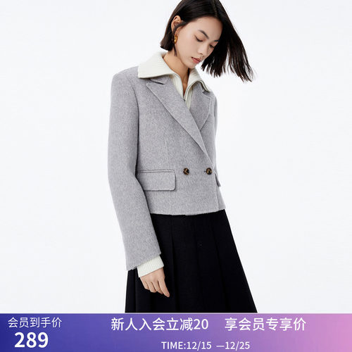 LILY冬新款女装绵羊毛复古双排扣时尚短款通勤毛呢外套大衣女