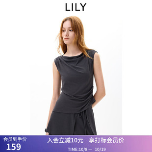 LILY2026秋新款女装复古格雷系荡领抽褶收腰休闲通勤深色无袖T恤