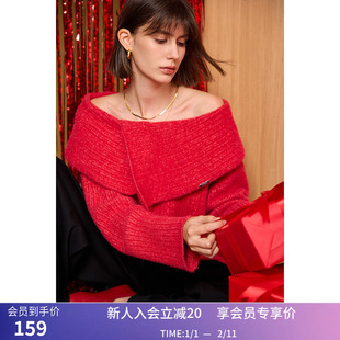 LILY冬新款女装优雅气质一字肩荡领宽松设计感休闲针织衫短款