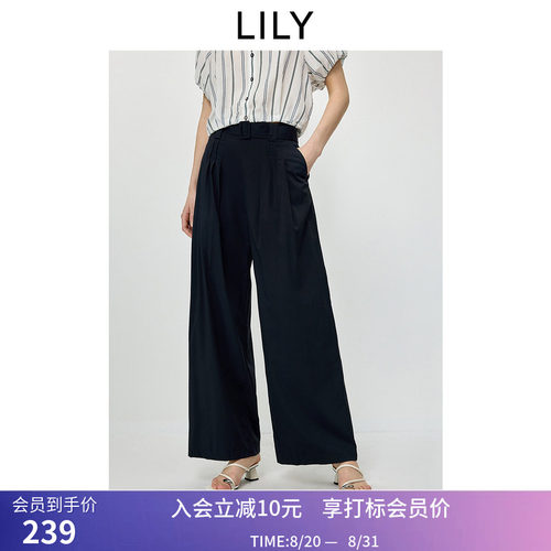 LILY2026夏新款莫代尔混纺复古宽松休闲百搭通勤藏青色直筒阔腿裤