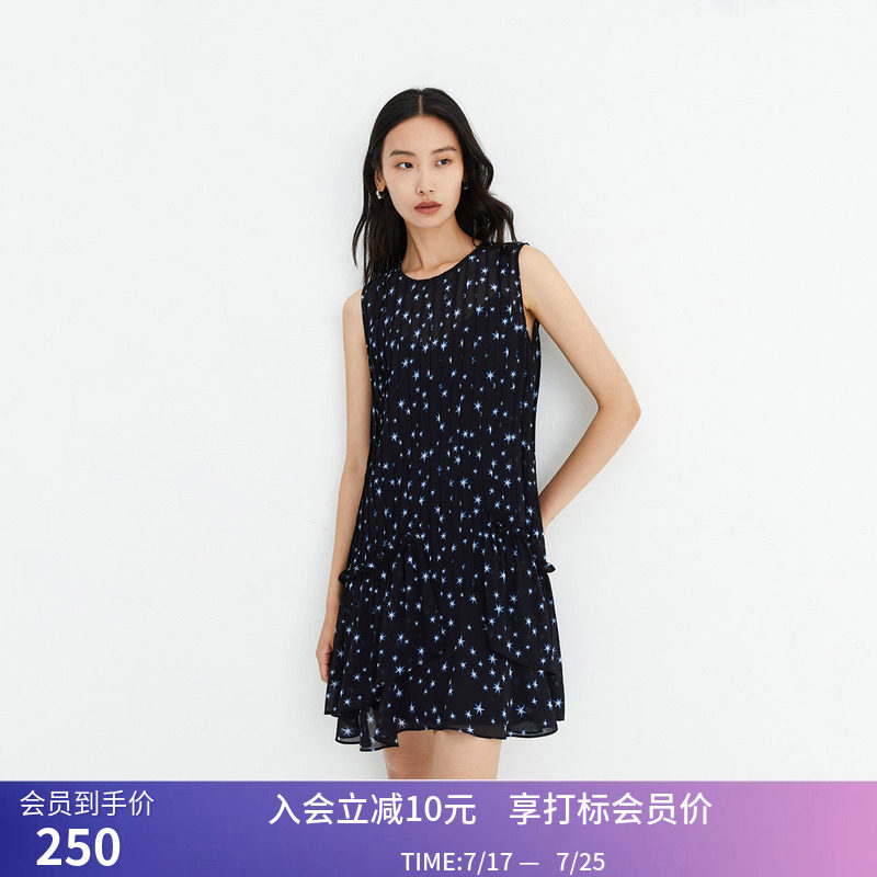 【商场同款】LILY秋新款女装时尚印花垂坠感无袖连衣裙小个子
