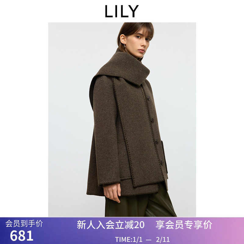 100%羊毛LILY2025冬新款复古老钱风含围巾宽松通勤毛呢大衣外套女,女装/女士精品,毛呢外套,淘宝优惠券,粉丝福利购,淘宝优惠卷