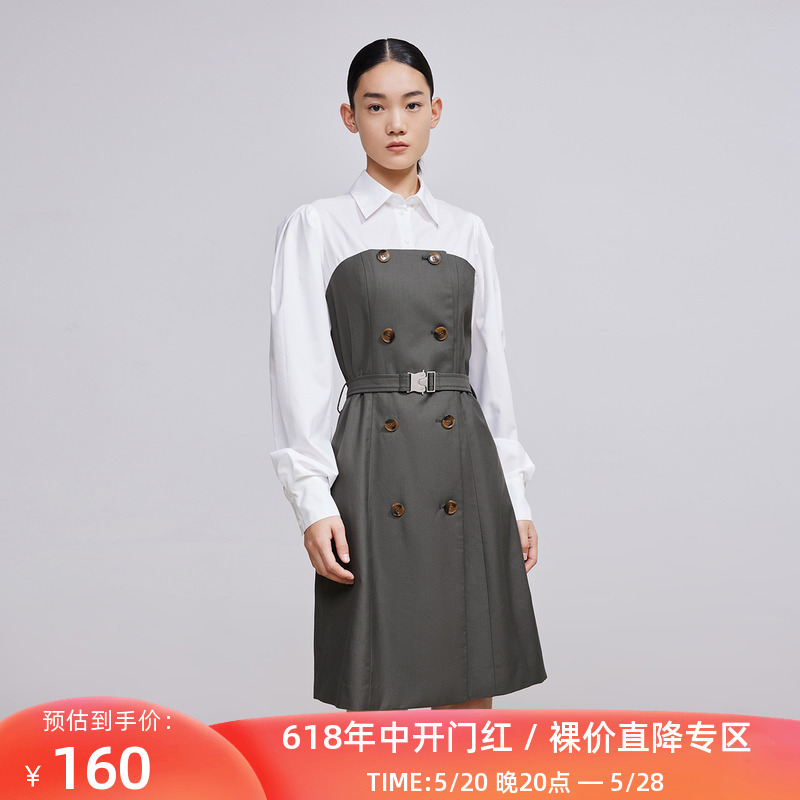 【商场同款】LILY春新款女装复古泡泡袖修身假两件衬衫连衣裙