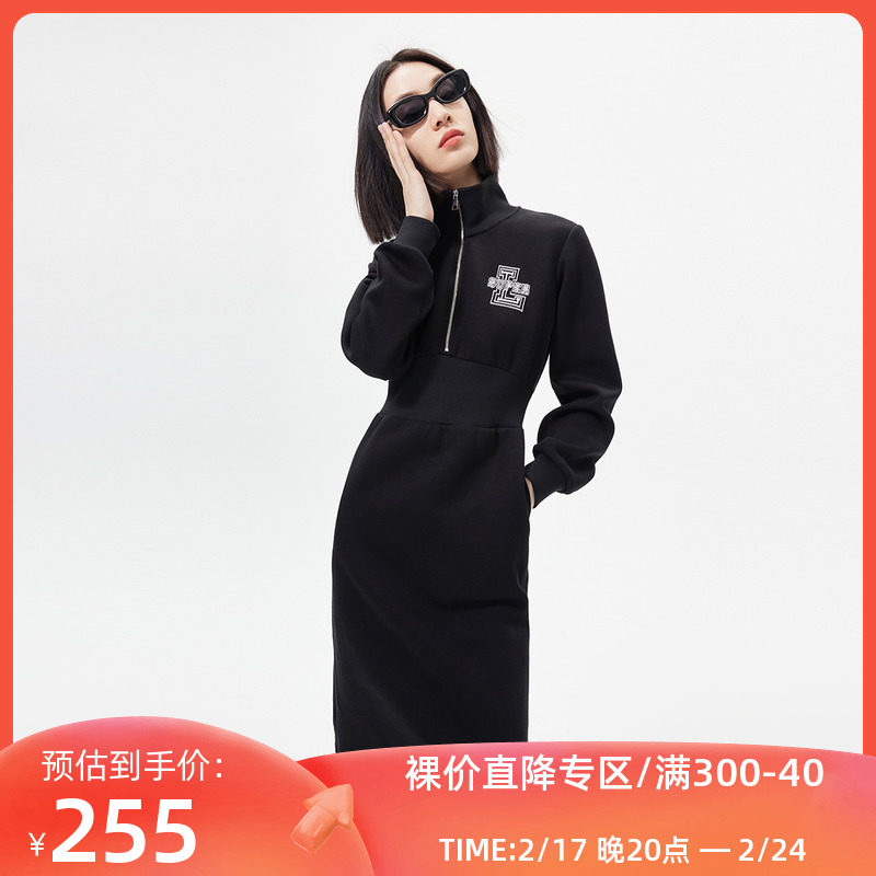 LILY春新款女装五明治休闲通勤款简约收腰显瘦卫衣式连衣裙女