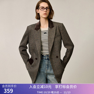 LILY冬新款女装复古美拉德彩点花呢丝绒拼接收腰西装外套女款