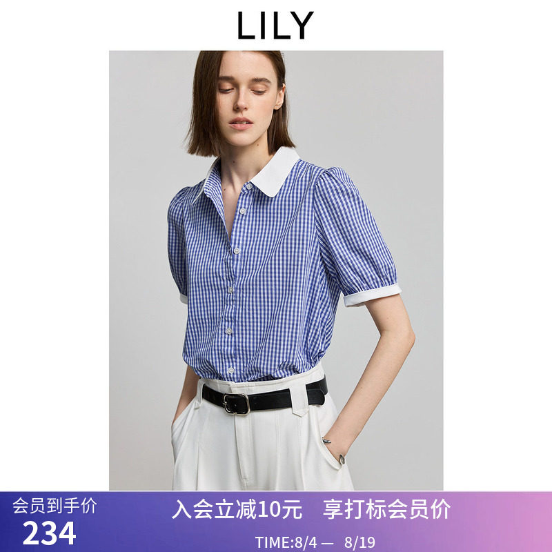 LILY夏新款简约气质蓝色格纹宽松休闲百搭通勤短袖衬衫外套女