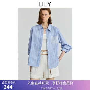 LILY秋新款女装全棉法式竖条纹拼接蕾丝口袋通勤蓝色衬衫外套