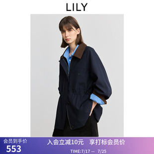 LILY秋新款女装工装风撞色灯芯绒拼接宽松休闲风衣外套短款