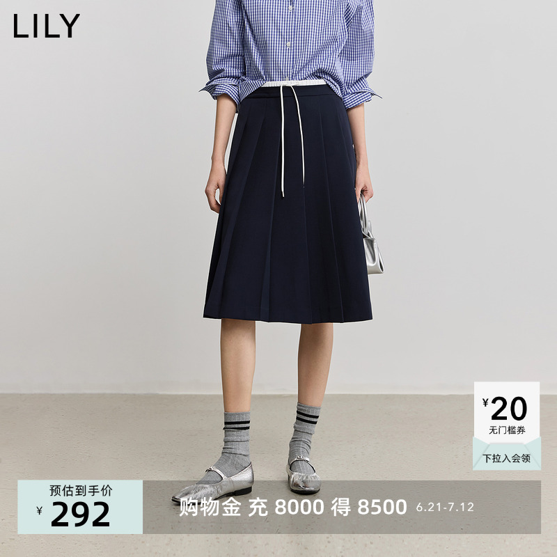 LILY2025夏新款女装学院风设计感拼接腰头休闲百搭百褶裙半身裙