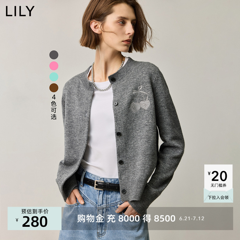 LILY樱桃灰色休闲格雷系圆领针织开衫外套女装2024秋新款外搭毛衣