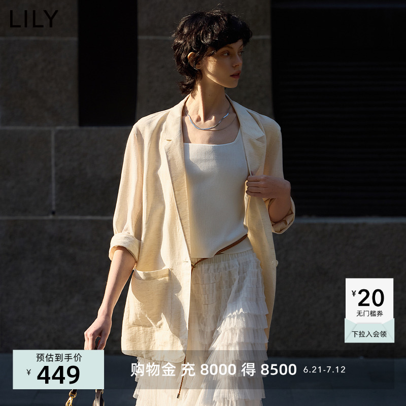 LILY2025夏新款女装含亚麻简约宽松休闲百搭通勤薄款白色西装外套