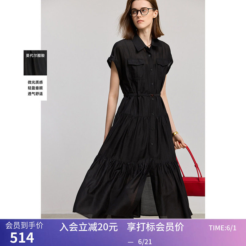 小黑裙LILY夏新款莫代尔醋酸混纺工装衬衫领连袖收腰连衣裙女