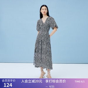 【商场同款】LILY2023夏新款女装含亚麻印花泡泡袖V领连衣裙