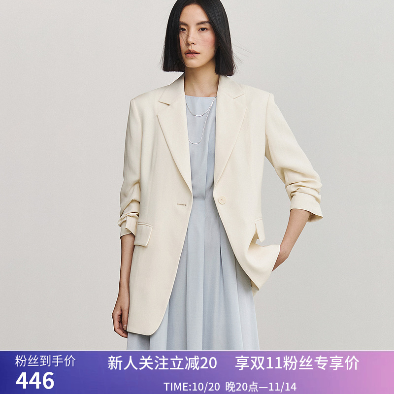 【专柜甄选】LILY夏新款女装含绵羊毛一粒扣凉爽醋酸西装外套