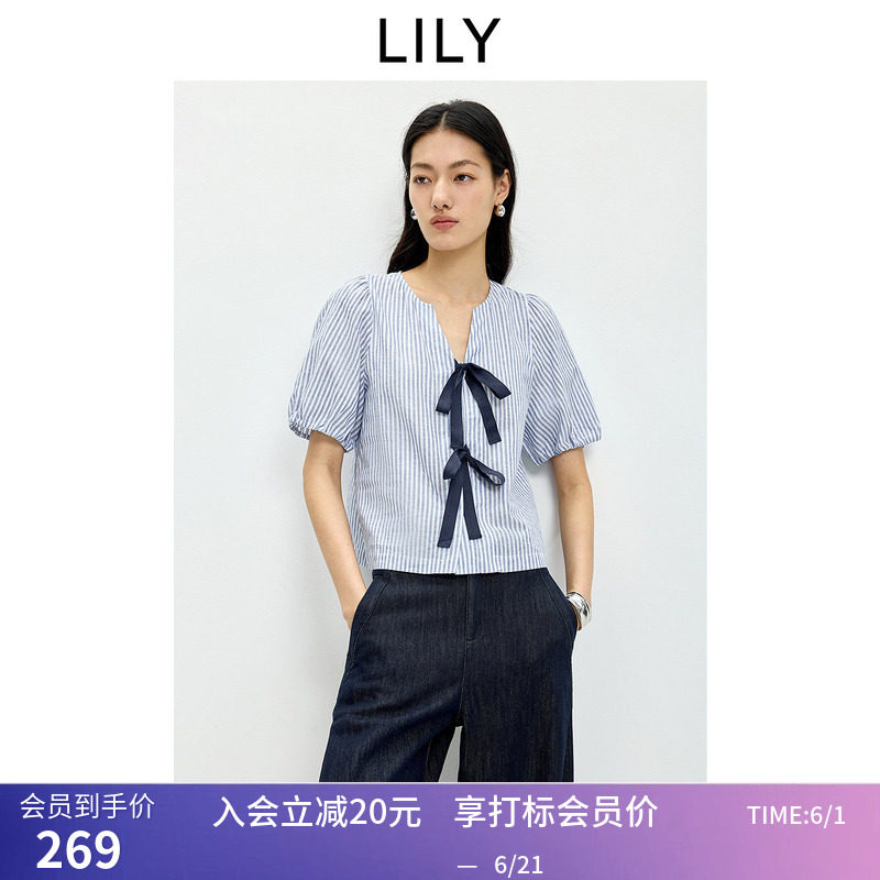 LILY2026夏新款女装棉麻混纺法式V领条纹蝴蝶结气质通勤短袖衬衫
