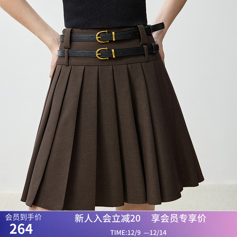 【商场同款】LILY秋新款复古双腰头百搭通勤百褶裙半身裙短款