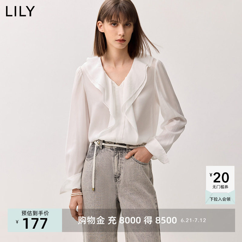 LILY2024秋新款女装法式蕾丝衫/雪纺衫