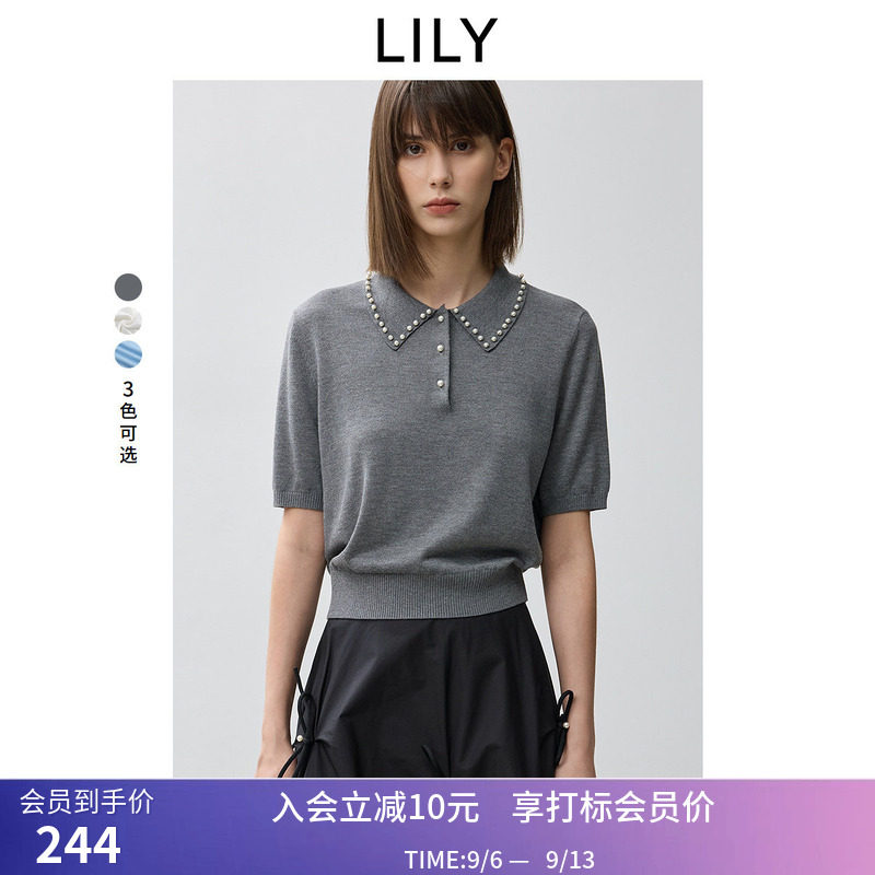 【商场同款】LILY秋新款格雷系芭蕾风珍珠POLO领短袖针织衫女图片