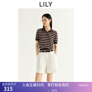 LILY2026夏新款醋酸混纺复古条纹POLO领休闲通勤短袖针织衫女短款