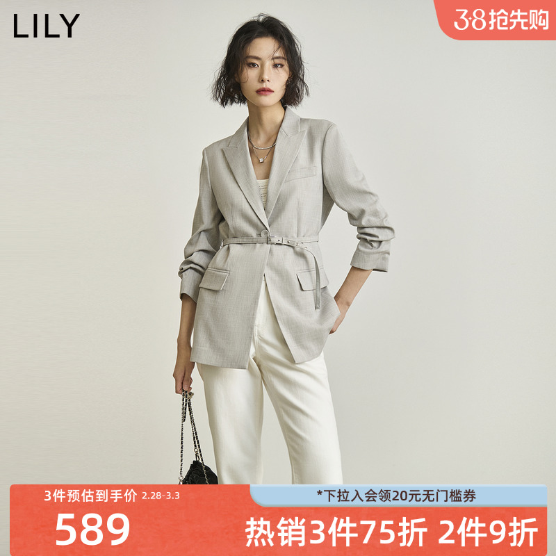 LILY2024春新款女装气质设计感腰带复古纯色通勤款休闲西装外套女