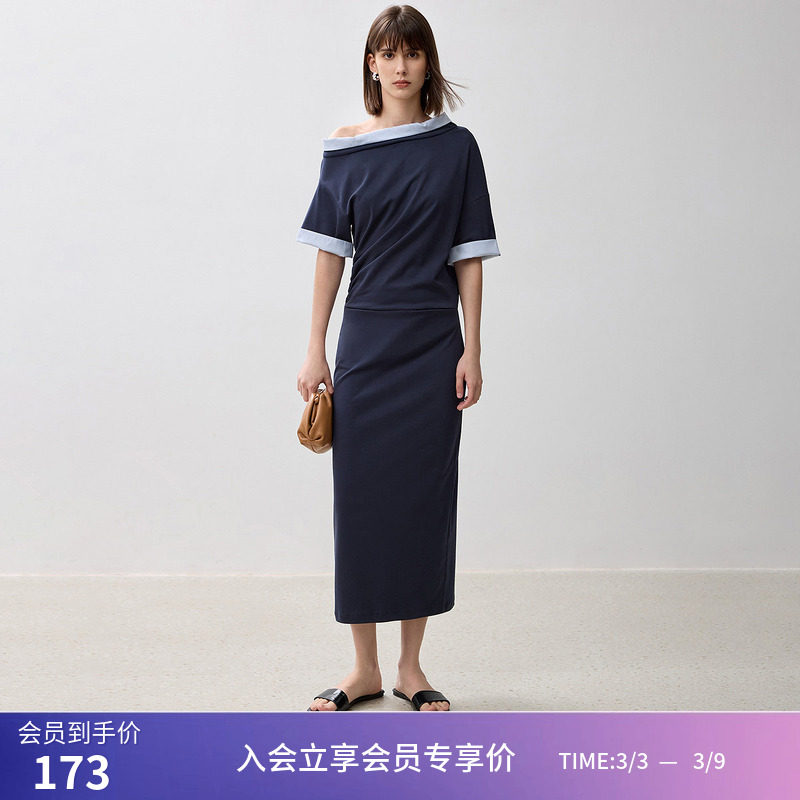 LILY夏新款时尚撞色袖口设计感褶皱收腰显瘦略宽松直筒连衣裙